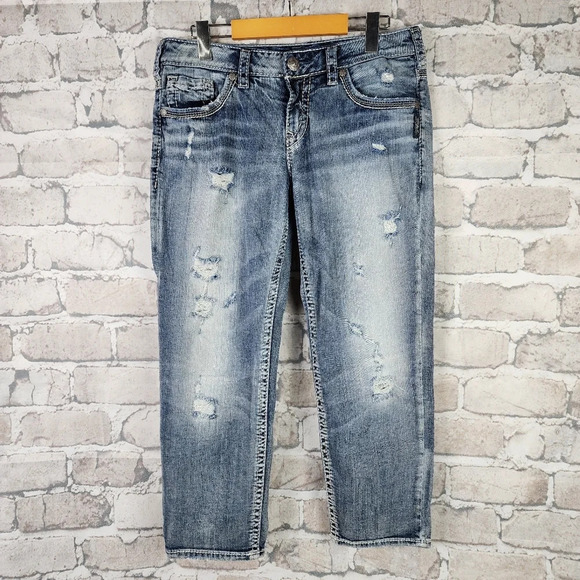 Silver Jeans Aiko Mid Capri Distressed Factory Fade Whiskered Light Blue Size 28 - Picture 1 of 15